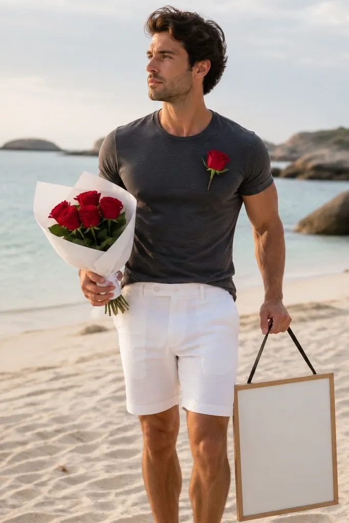 A man stands on sand wearing a charcoal fitted t-shirt and white tailored shorts. A red rose boutonniere is pinned to his shirt. He holds a small bouquet wrapped in white paper and a weighted sign with bold red lettering.