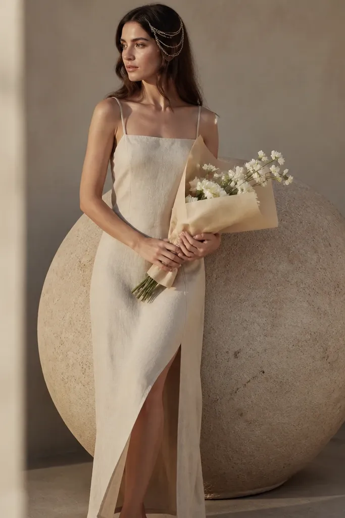 A woman wears a sand-colored maxi linen dress with a side slit. A gold hair chain drapes lightly over one side of her hair. She holds a bouquet wrapped in beige paper with a few white flowers. A weighted sign sits behind her.