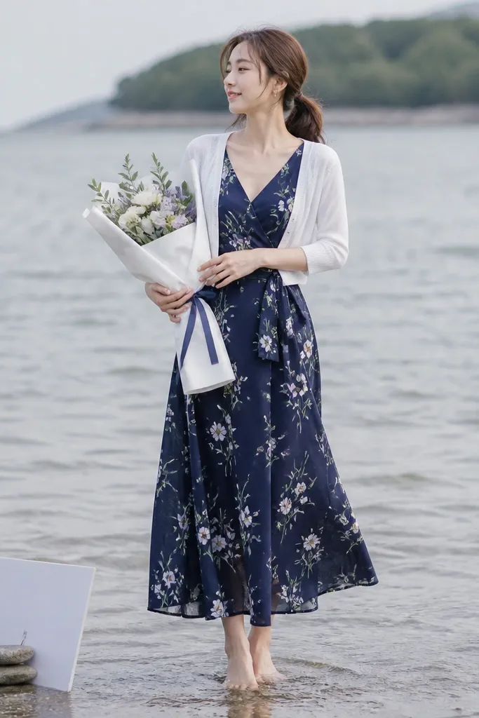 A woman wears a navy floral wrap dress with a tie waist and a white cropped cardigan. She stands in shallow water holding a bouquet wrapped in white paper with navy ribbon. A small sign is weighted with flat stones.