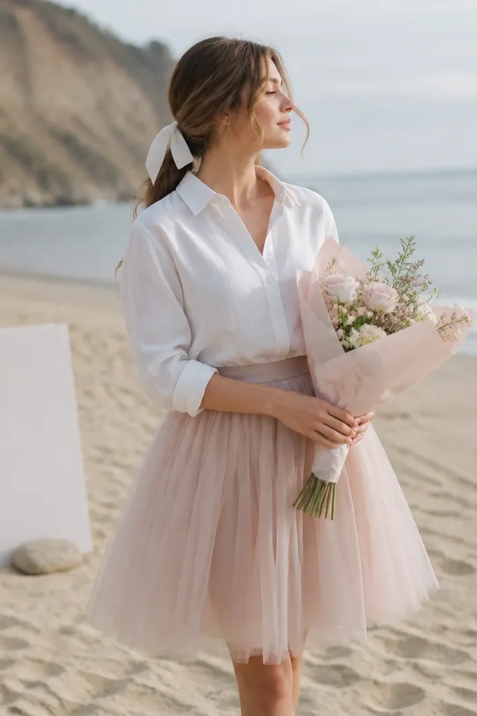 A woman wears a white linen button-up shirt tucked into a blush tulle skirt that sits at the knee. She holds a bouquet wrapped in blush paper, and her hair has a simple white ribbon. A weighted sign is placed on the sand behind her.