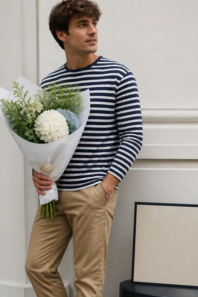A man wears a navy-and-white striped Breton tee with tan chinos. He has a small seashell charm bracelet on his wrist and holds a bouquet wrapped in white paper with a small shell accent. A simple sign on a weighted board sits at his feet.