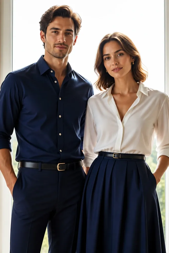 A couple stands side by side in front of a bright window. The person on the left wears a navy button-down shirt with sleeves neatly rolled to mid-forearm and matching tailored trousers. The person on the right wears a white blouse tucked into a navy midi skirt. Both have simple gold studs and a thin belt; the light creates a clean edge around their silhouettes.