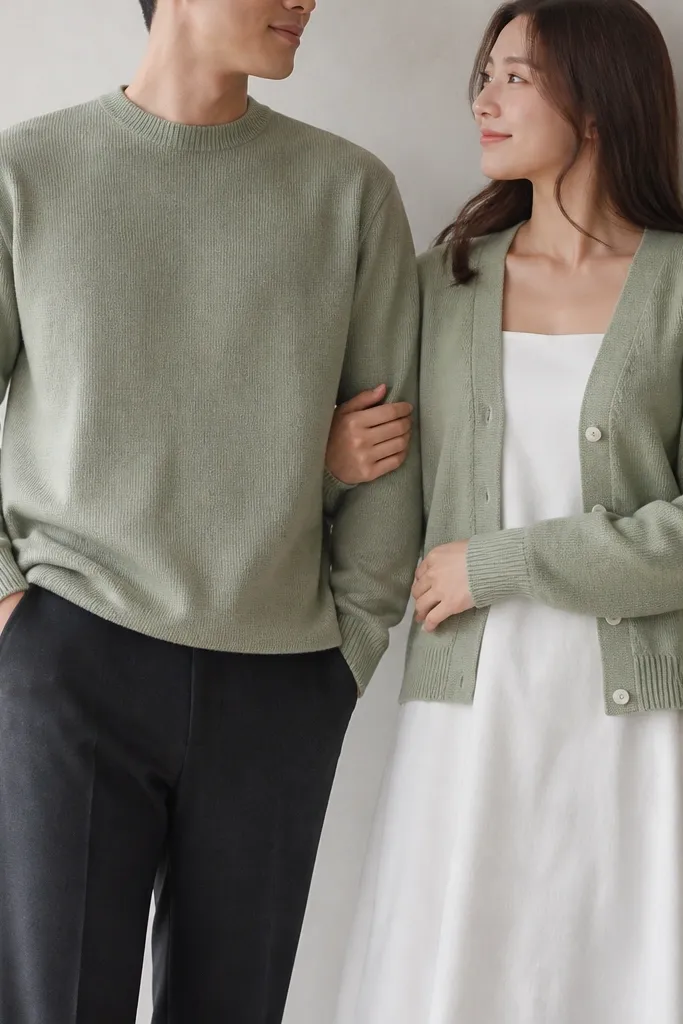 The photo shows a person in a soft sage green knit top paired with charcoal tailored pants, standing next to a partner in a matching sage cardigan over a simple white dress. The background is a light wall with a small plant at the edge. The knit has a gentle texture, and the colors look muted but clear in natural light.