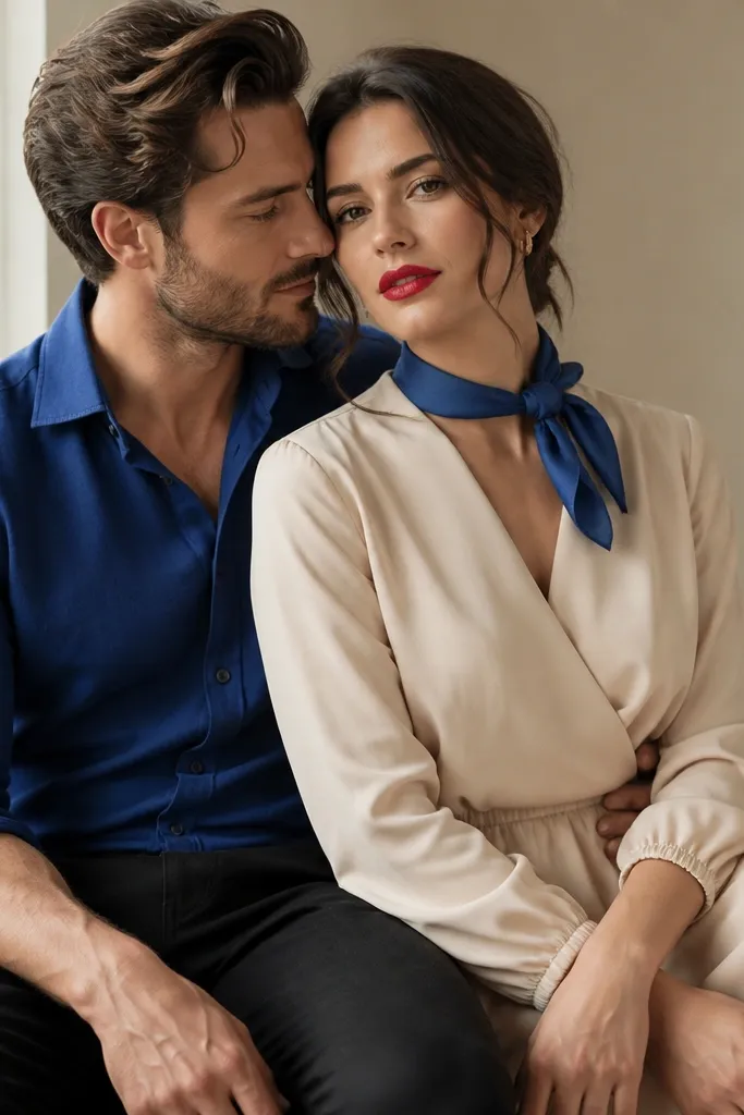The couple is seated on a simple chair near a window. One person wears a cobalt blue dress shirt with the top button undone and sleeves rolled. The other wears a neutral beige dress with a cobalt accent scarf tied at the neck. A bold red lip is visible on the person in beige. The background is soft and uncluttered.