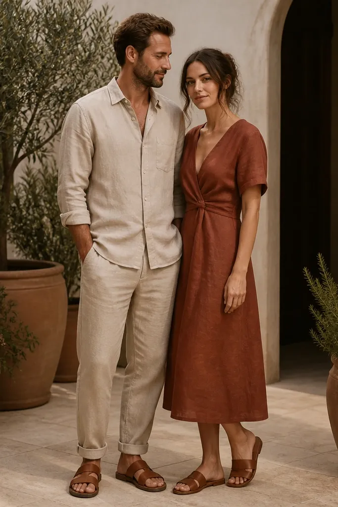 A couple stands on a patio with potted plants in the background. One wears a light tan linen shirt with sleeves rolled and matching relaxed trousers. The other wears a rust-brown midi dress with a linen-like texture. Both wear tan leather sandals. The scene feels warm, and the linen wrinkles are minimal and intentional.