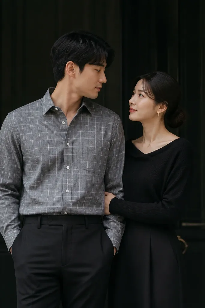 One person wears a gray checked button-down with the pattern visible, tucked into black tailored trousers. The partner wears a black knit top with a soft neckline and a black skirt. They stand in front of a dark doorway, and the shirt pattern pops against the background.