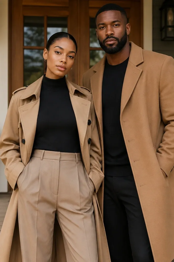 The couple is photographed on a front porch. One person wears a black mock-neck bodysuit tucked into high-waist trousers, with a camel trench coat open. The partner wears a simple black t-shirt and camel overcoat. The trench fabric looks structured and the camel color stands out against the porch wood.