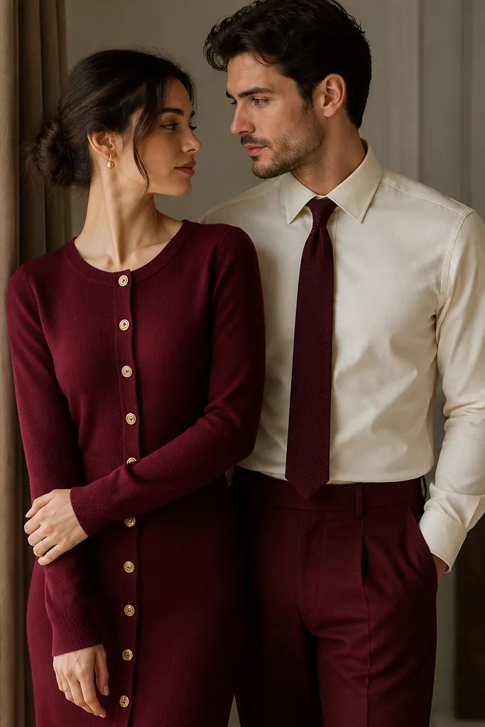 A couple stands near a curtain-draped window. One person wears a burgundy knit dress with visible gold buttons down the front and long sleeves. The other wears a cream shirt with burgundy trousers or a burgundy tie. The knit fabric looks soft and smooth, and the gold buttons catch light.