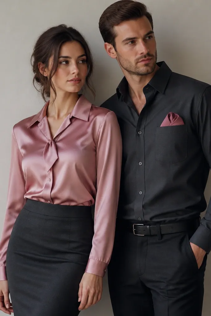 A couple stands in front of a plain wall. One person wears a rose pink satin blouse with a soft collar and small bow detail, tucked into a charcoal pencil skirt. The partner wears a charcoal shirt with a rose pocket square. The satin has a gentle sheen and the collar frames the neck.