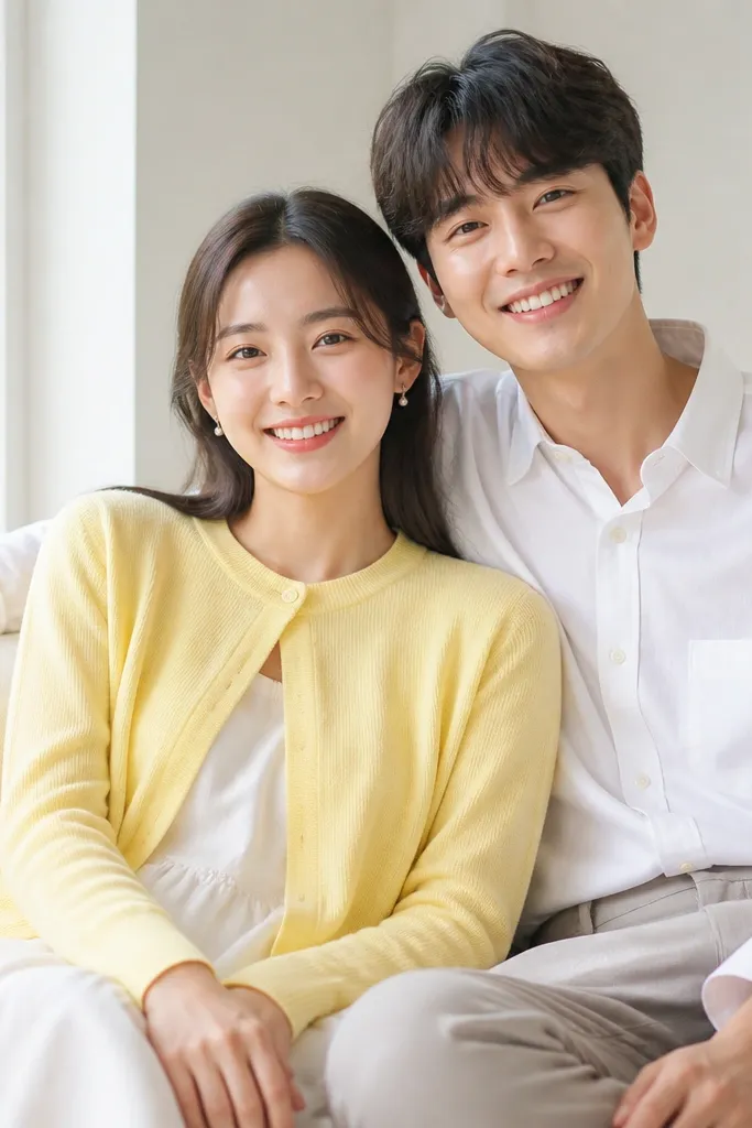 The photo is taken on a bright morning near a window. One person wears a lemon-yellow cardigan over a white dress, with the cardigan buttoned at the top. The partner wears a white shirt with light gray trousers. The lemon color looks cheerful and the faces are bright.