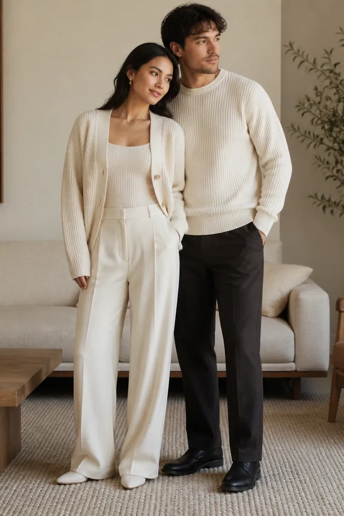 A couple stands in a living room with a neutral rug. One person wears a cream cardigan over a cream tank and cream trousers. The partner wears a matching cream sweater and darker trousers. The outfits look coordinated without being identical, and the knit texture is visible.