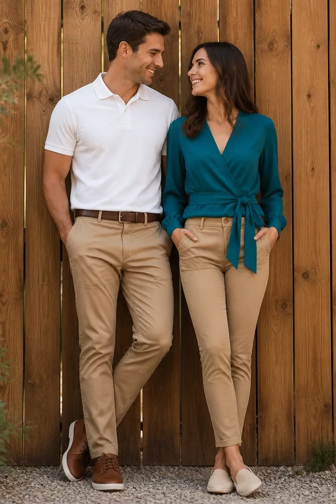 The couple is outdoors near a wooden fence. One person wears a teal wrap blouse with a visible tie at the waist and tan chinos. The partner wears a white polo tucked into tan trousers. Both wear simple casual shoes. The teal color pops against the warm wood background.