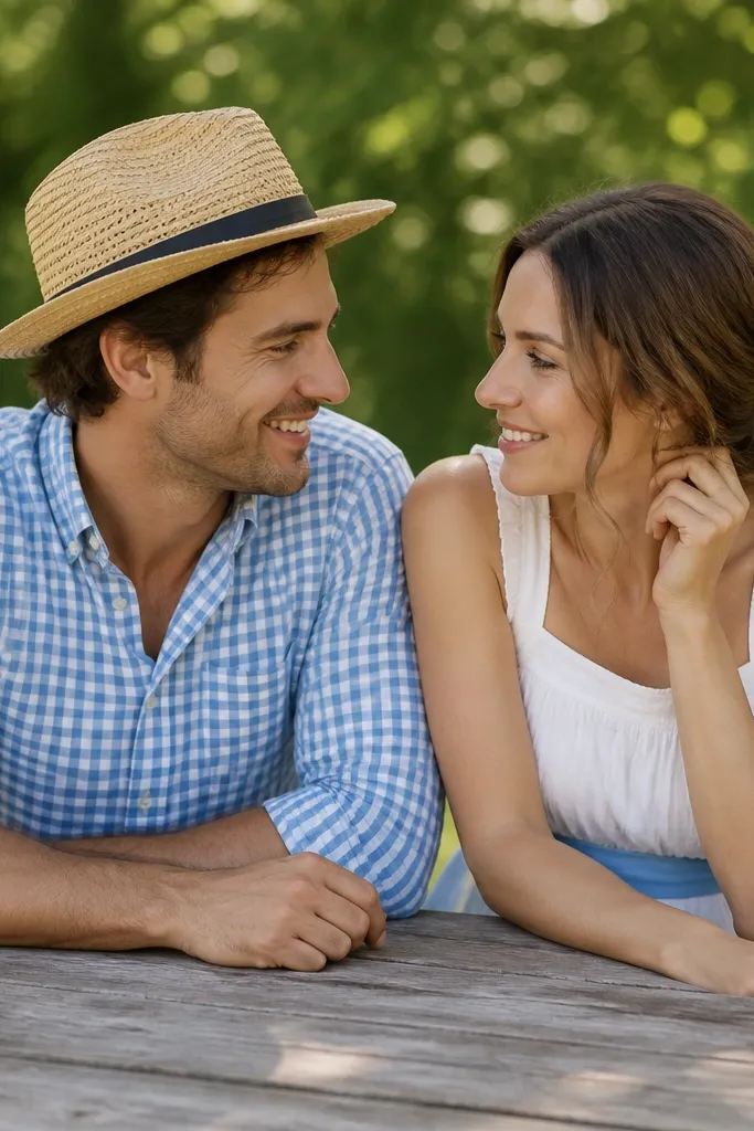 A couple sits at a picnic table outdoors. One person wears a straw hat and a gingham shirt in light blue and white, sleeves rolled. The partner wears a white dress with a light blue ribbon at the waist. The background has a soft blur of greenery and the hat casts a gentle shadow.