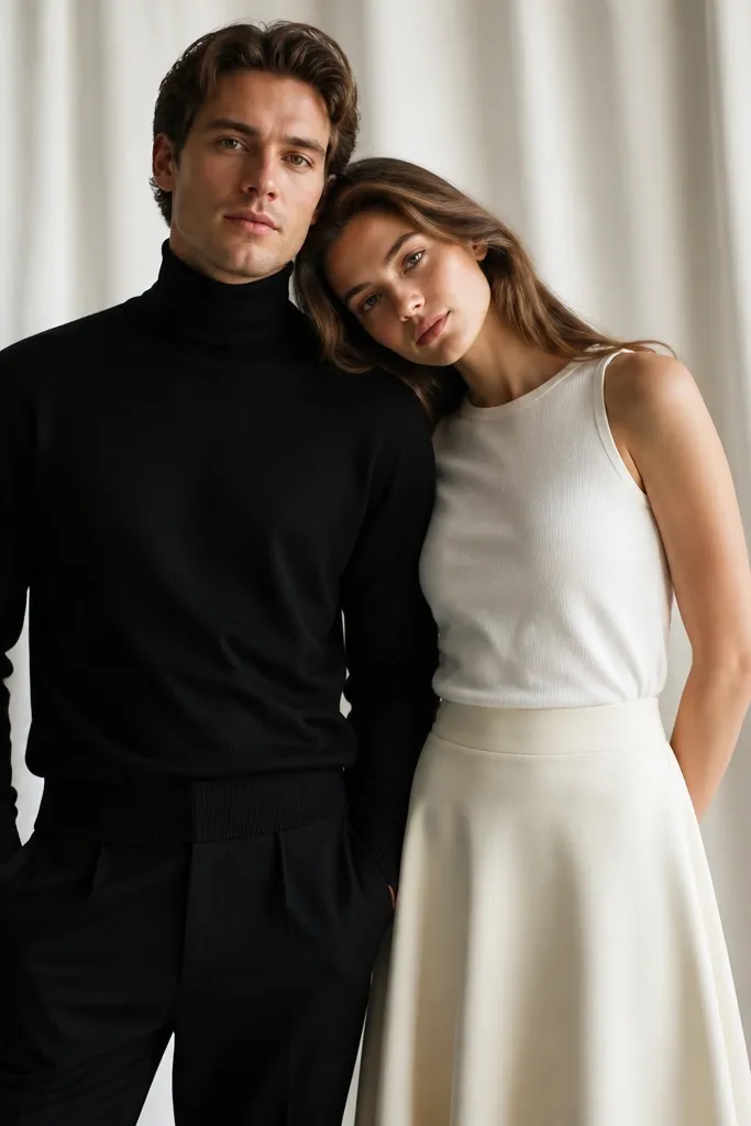 The couple poses indoors against a light curtain. One person wears a black turtleneck sweater and the other wears an ivory midi skirt with a simple top. The skirt has a slight A-line shape and falls smoothly. Both outfits have clean lines and minimal accessories. The lighting is soft and the contrast between black and ivory is sharp.