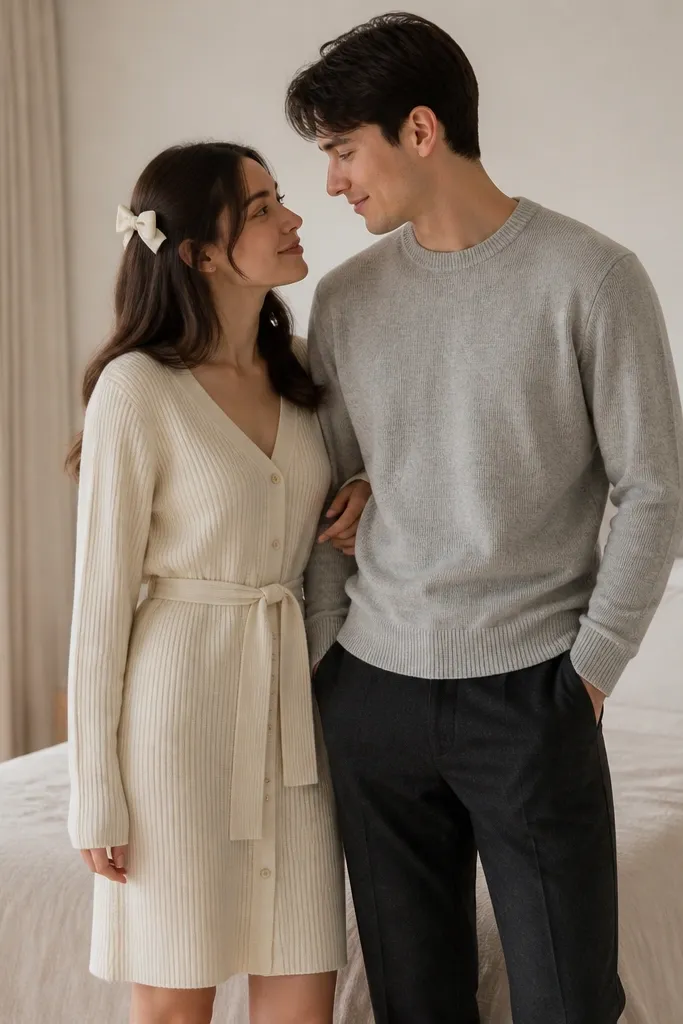 A couple stands in a bright bedroom with a neutral bedspread. One person wears an ivory cardigan dress with a belt tied at the waist. There is a small bow hair clip in the same ivory tone. The partner wears a soft gray sweater and dark trousers. The outfit looks coordinated and soft.