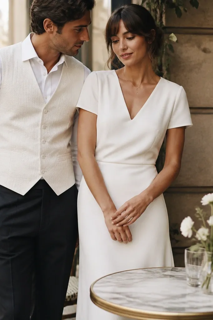 A man wearing a white dress shirt with a textured cream vest and dark trousers, paired with a woman in a soft white crepe midi dress with a subtle V-neck; both stand at a café table with minimal flowers.