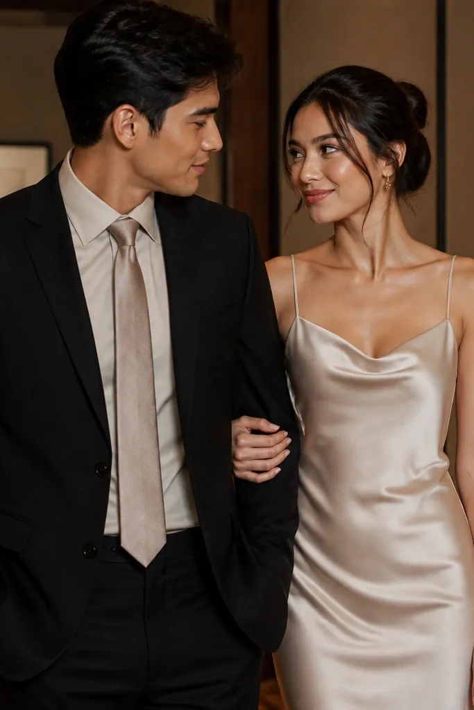 A black suit on a man with a champagne-colored shirt and a subtle satin tie, paired with a champagne satin slip-style dress on a woman with delicate spaghetti straps; the couple is photographed under warm indoor lighting.