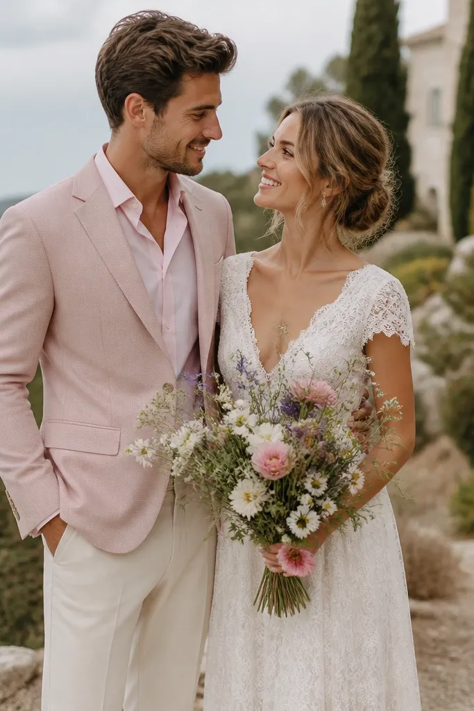 A man wearing a blush-pink blazer with cream trousers and a pale pink shirt, standing beside a woman in an off-white lace or crepe dress; soft daylight and wildflower-style bouquet.
