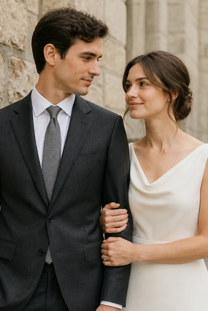 A man in a charcoal gray suit with a white shirt and a subtle gray tie, beside a woman in an ivory dress with a soft neckline; the couple stands near a stone wall.