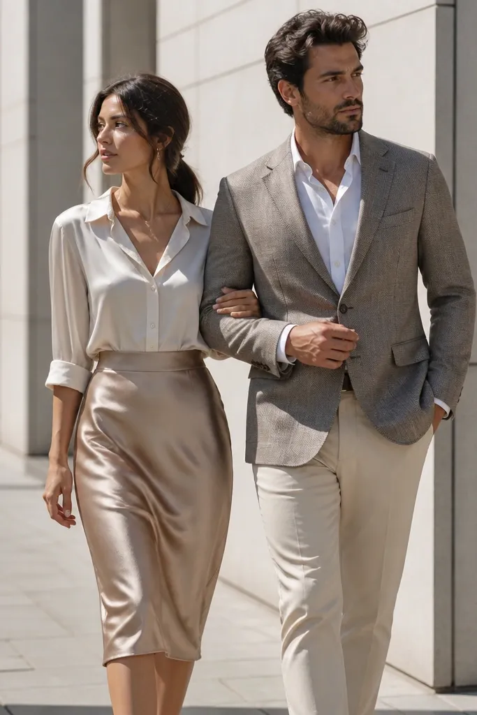 A woman in a satin skirt with a fitted blouse and a man in a fitted blazer with trousers; they're photographed outside a building with clean lines and bright street light.