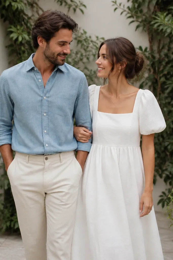 A man in a chambray blue button-down with cream trousers and rolled sleeves, paired with a woman in a cotton dress with puff sleeves in soft white; they're photographed on a patio with greenery.