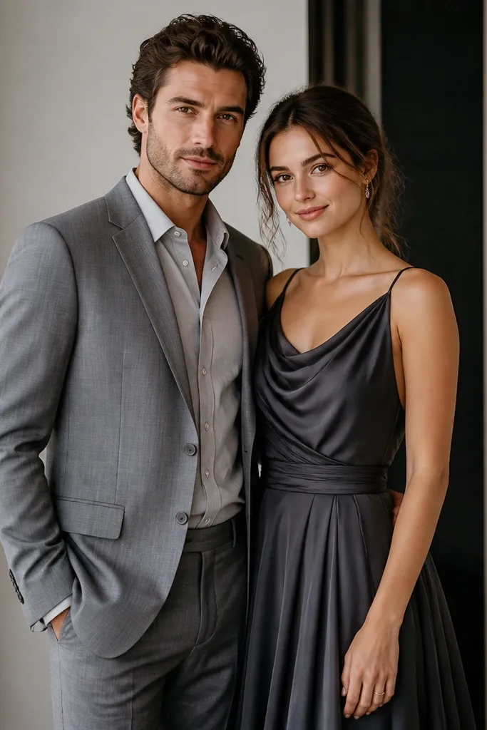 A man wearing a silver-gray suit with a light gray shirt, paired with a woman in a charcoal-gray dress with a smooth skirt; the couple stands under soft indoor lighting.
