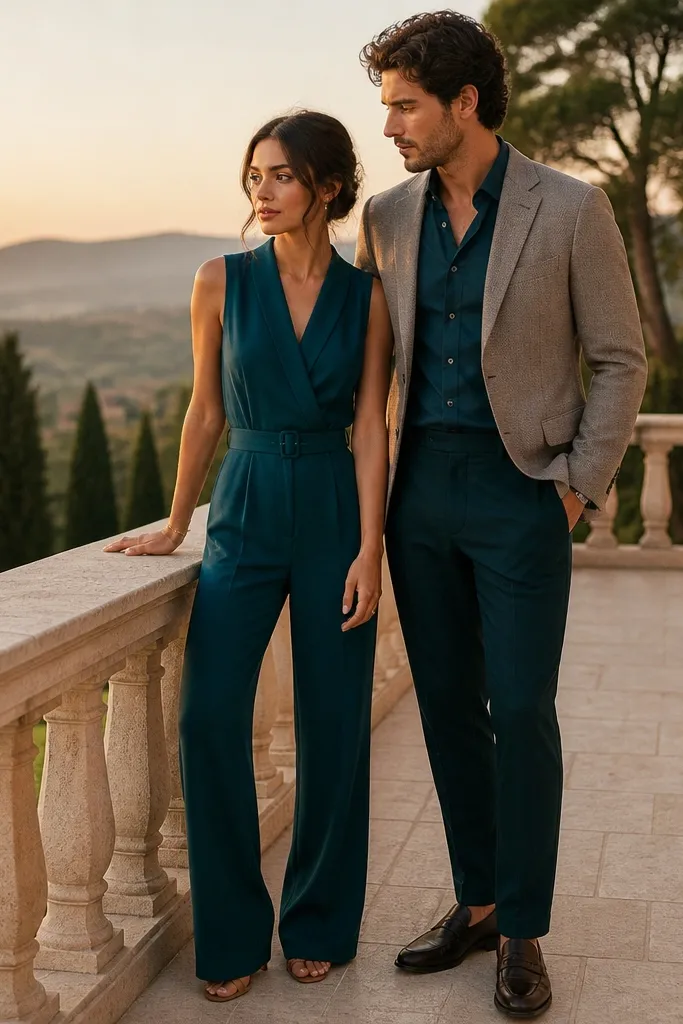 A woman in a sleek tailored jumpsuit in deep teal with a defined waist, paired with a man in matching deep teal-toned trousers and a neutral blazer; they're photographed on a patio at golden hour.