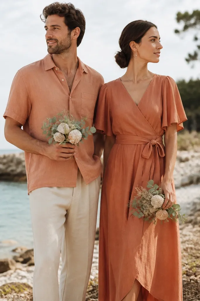 A man in a light terracotta linen short-sleeve shirt with a slightly open collar and cream linen trousers, standing beside a woman in a flowy terracotta wrap midi dress with a thin belt, both holding small seashell-and-eucalyptus micro bouquets against a bright coastal backdrop.