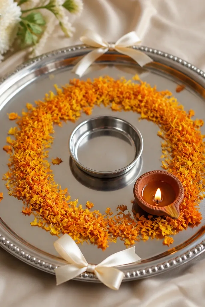 A steel thali with a loose halo of marigold petals forming a ring around the center bowl, cream satin ribbon tied in small loops at four points on the outer rim, and a single diya placed slightly off-center with a few petals clustered near it.