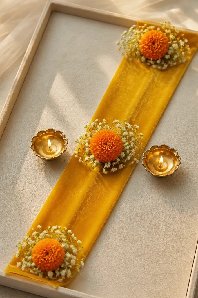 A golden-yellow velvet strip runs diagonally across a tray base, with three tiny clusters of baby's breath and marigold placed at the top, center, and bottom; two small diyas sit on either side of the center cluster.