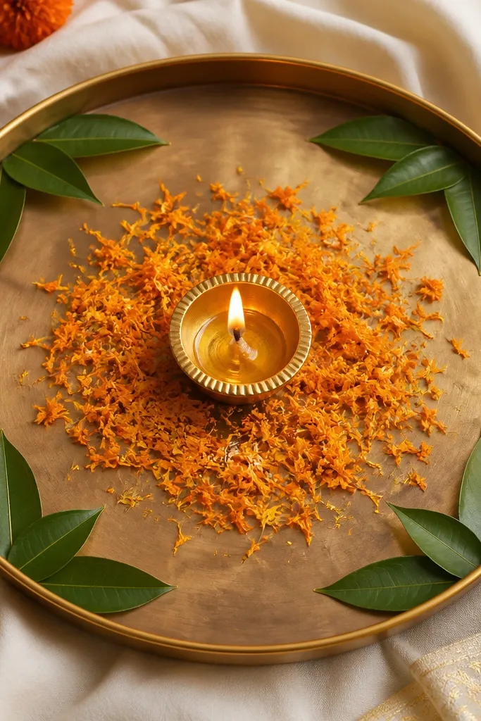 A tray with four mango leaf frames tucked at each corner like small brackets, marigold petals scattered in the middle, and a diya placed in the center with a thin gold border around the bowl.