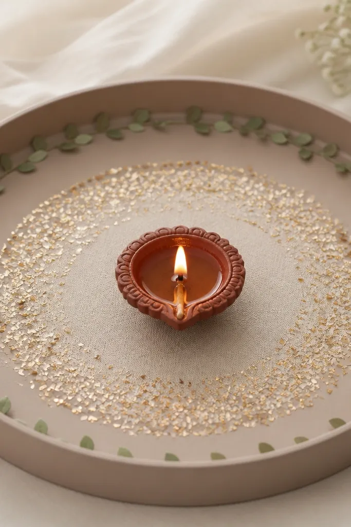 A matte tray with a small base mat of beige fabric, gold foil confetti scattered in a controlled oval, and tiny green leaflets placed along the rim like a thin crown; a diya sits at the center.
