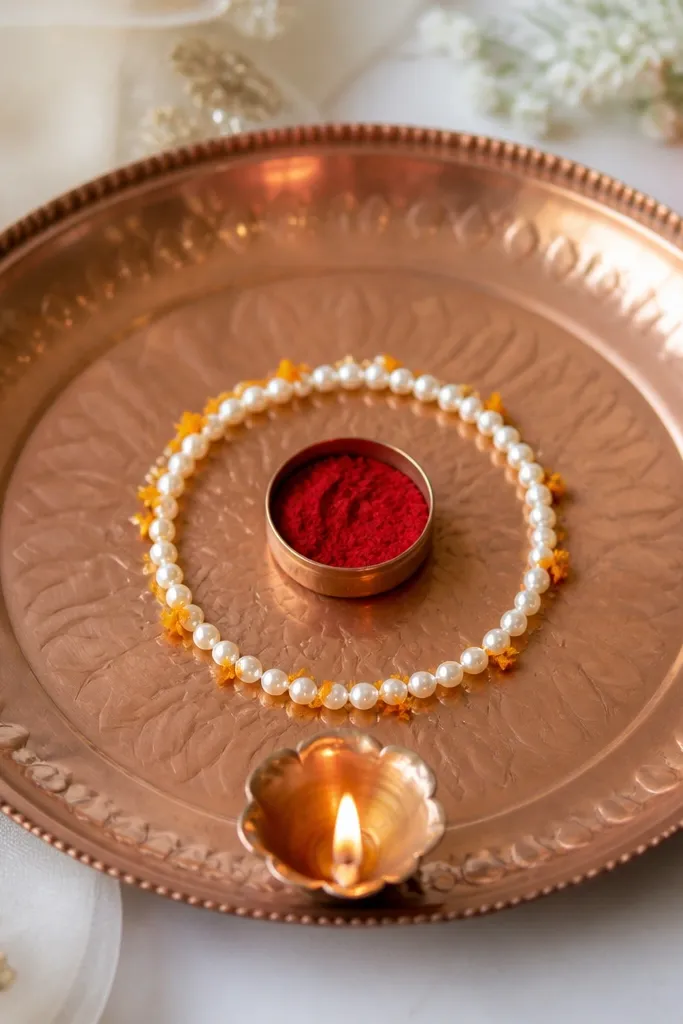 A tray where the kumkum container is surrounded by a thin circle of pearl string, with small marigold petals tucked between pearls, and a single diya placed at the bottom edge.