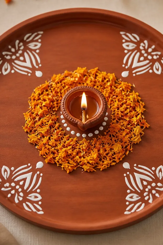 A tray base with a white stencil pattern at the corners resembling rangoli petals, marigold petals in the middle, and a diya placed over a small circular stencil dot.