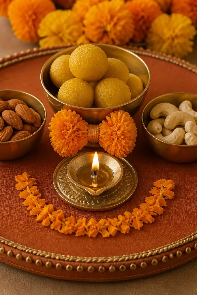 A tray base covered with terracotta-colored cloth, a marigold bow tied near the center bowl, and small marigold petals arranged in a tight semicircle around the diya.