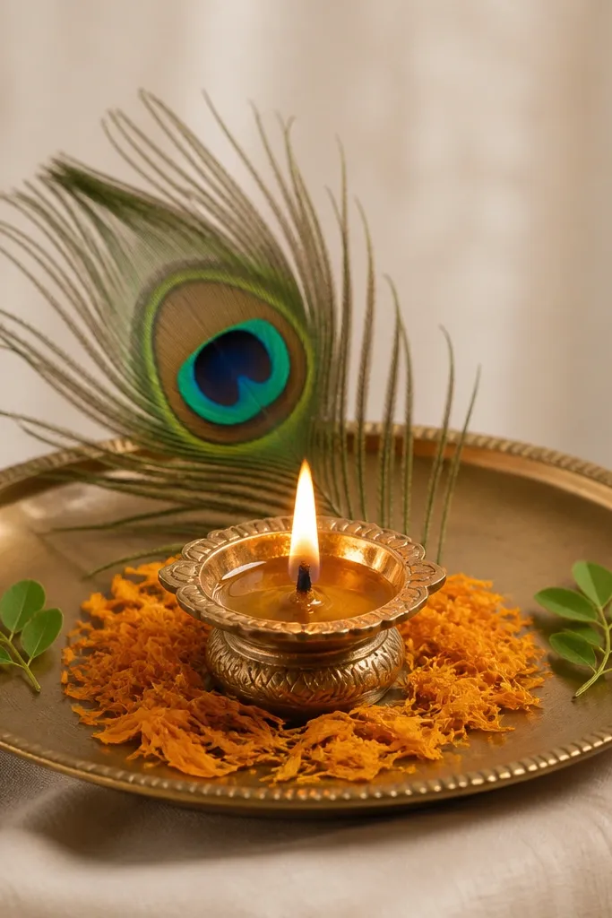 A tray with a single peacock feather leaning behind the diya, a small ring of marigold petals around the center bowl, and two tiny green leaf sprigs on opposite sides.