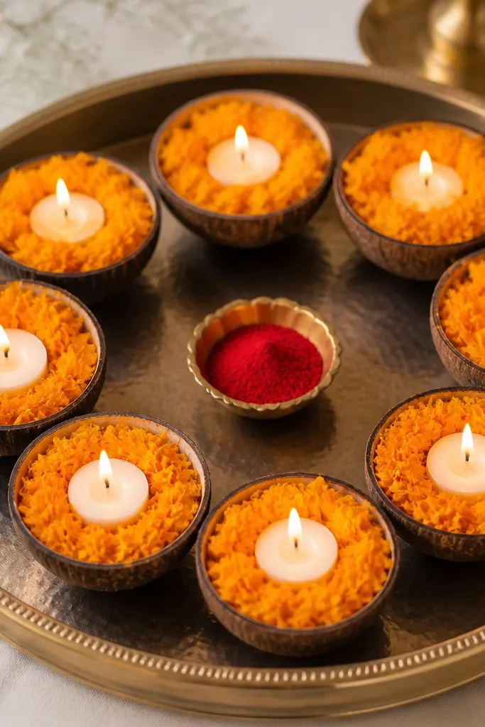 A tray with coconut shell candle holders arranged around the center, marigold petals lining the edges of each shell, and a small kumkum bowl in the middle.