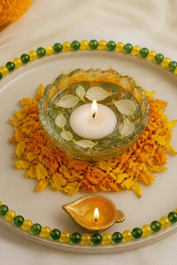 A tray with a thin border made of green and yellow glass beads placed around the rim, a center bowl surrounded by marigold petals, and a diya at the bottom center.