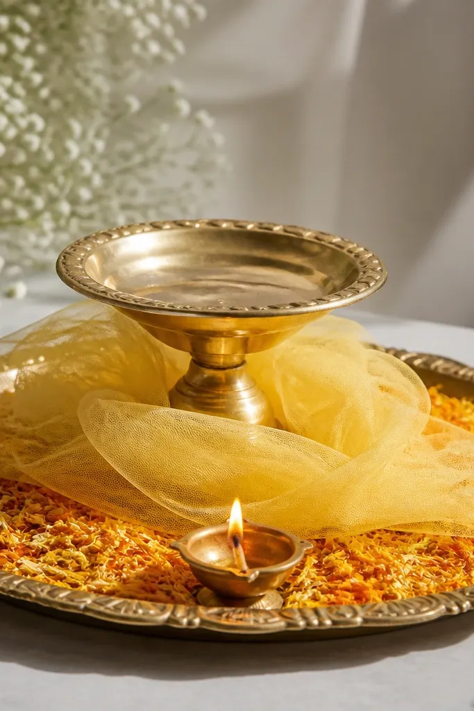 A tray where pastel yellow tulle is loosely wrapped around the center bowl stand, with marigold petals scattered underneath, and a small diya placed just in front of the tulle.