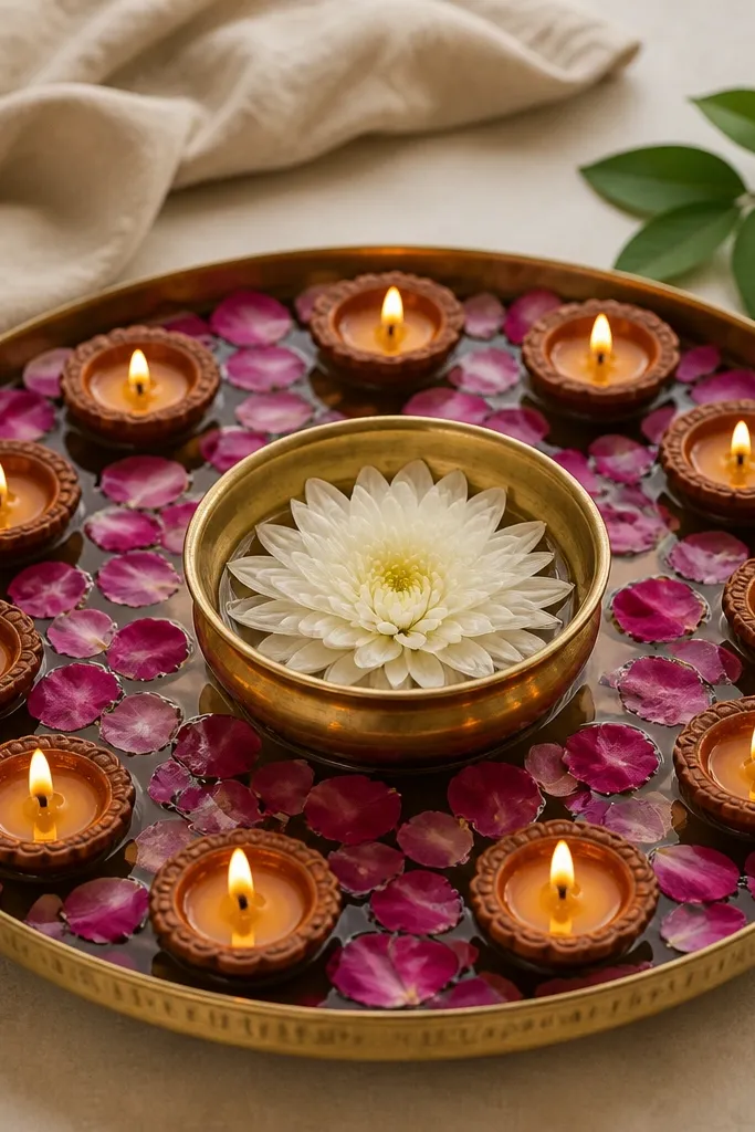 A tray with a ring of small floating diyas around a center bowl, rose petals scattered between the ring and bowl, and a minimal green leaf sprig at the side.