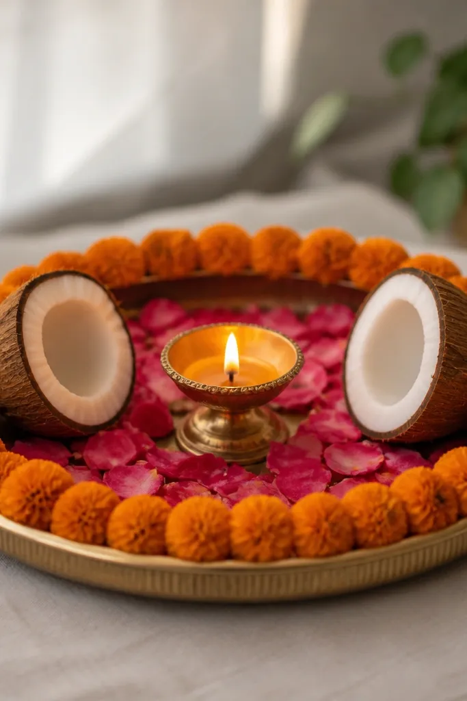 A tray with a small loop of marigold garland placed around the rim, two coconut halves set like bookends near the sides, and a diya in the center with petals around it.