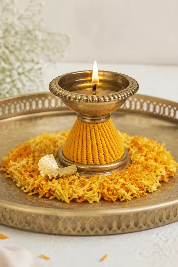 A tray where the diya stand is wrapped with kesar yellow silk thread in small vertical twists, with marigold petals scattered in a tight circle around the stand and a small gold paper accent near the bowl.