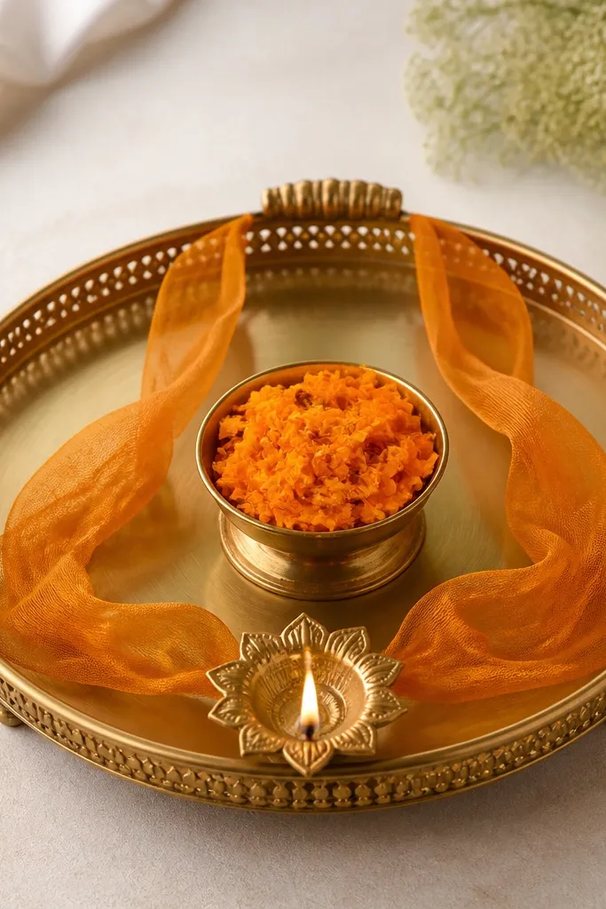 A tray with two orange chiffon ribbon streamers flowing from the back rim toward the center bowl, marigold petals in the center, and a diya placed at the front.