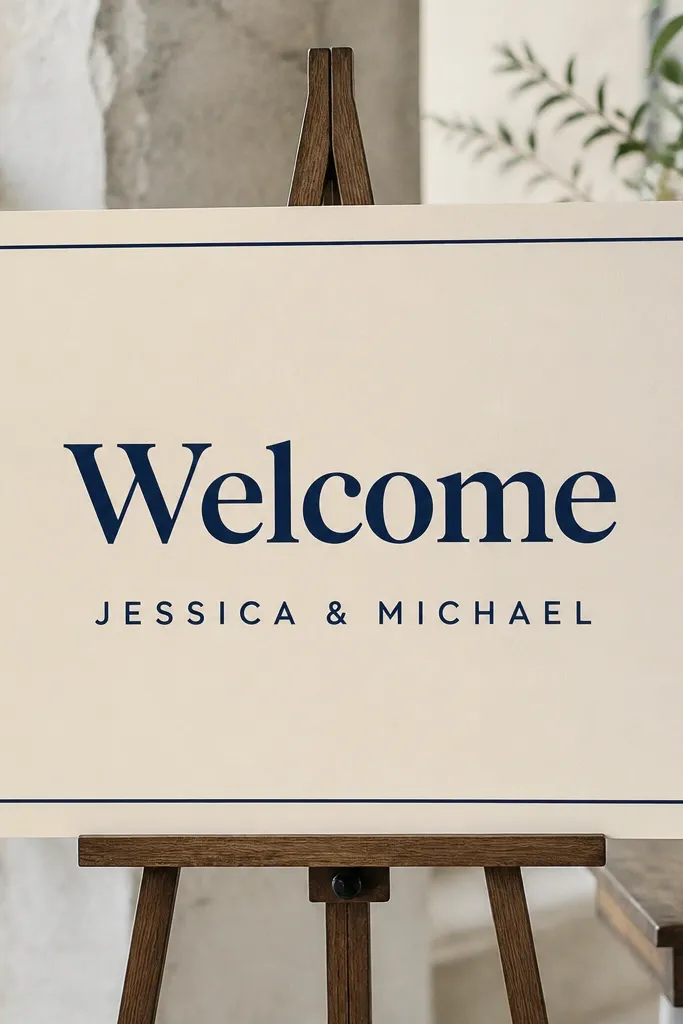 A 12x18 inch cream cardstock welcome sign with a neat border made from thin navy masking tape. The word "Welcome" is centered in bold navy vinyl-like lettering, with smaller names beneath, all on a matte surface.