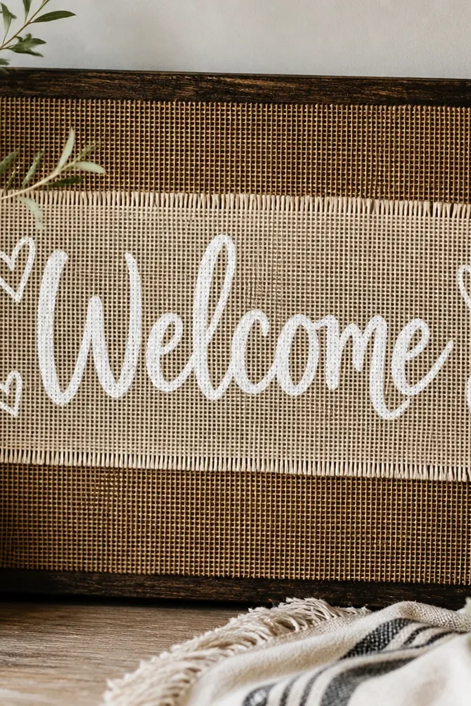A burlap board with a dark wood backing. A wide strip of cream burlap ribbon forms a centered panel, and chalk marker letters read "Welcome" with small heart accents, all slightly textured like fabric chalk.
