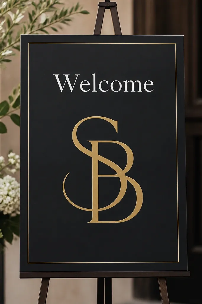 A matte black poster board with a large vinyl-style monogram at the center. "Welcome" appears in white lettering above the monogram, and a thin gold line frames the edges.