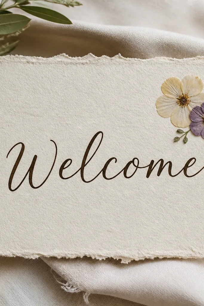 Thick watercolor paper sign with "Welcome" in dark brown ink. Two pressed flowers sit in the top-right corner, and the paper has a soft deckled edge texture.