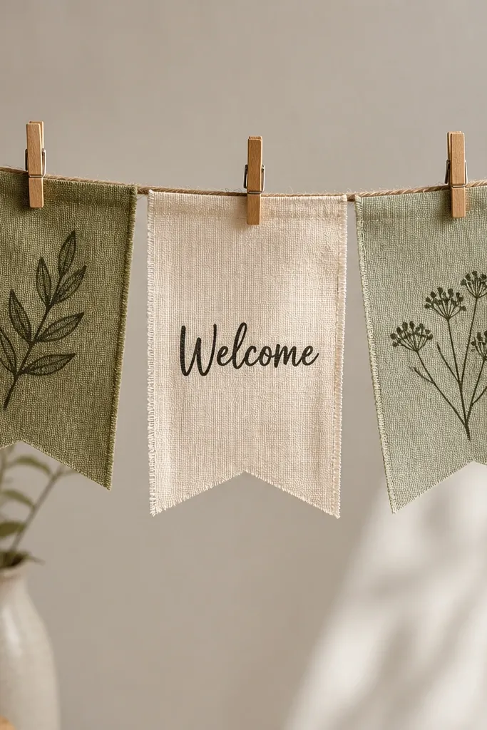 A small banner made of three fabric swatches hanging from a twine line with wooden clothespins. Each swatch has printed text, with "Welcome" on the middle panel in dark ink.
