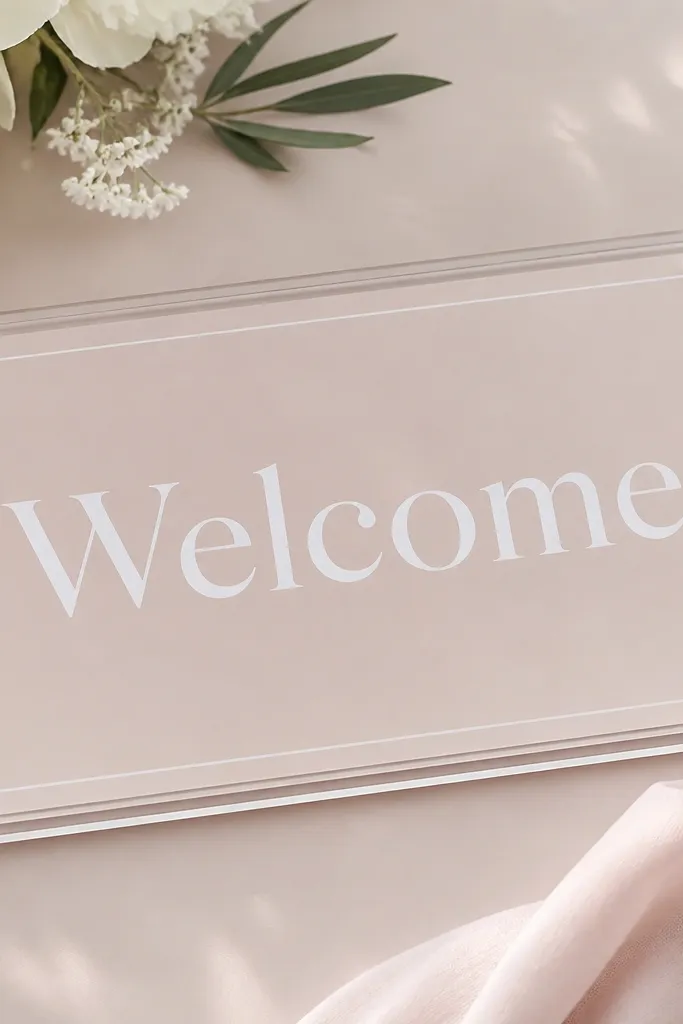 A clear acrylic-looking sheet with white vinyl letters reading "Welcome." The design has a simple line border, and a pale blush paper backing makes the text pop.