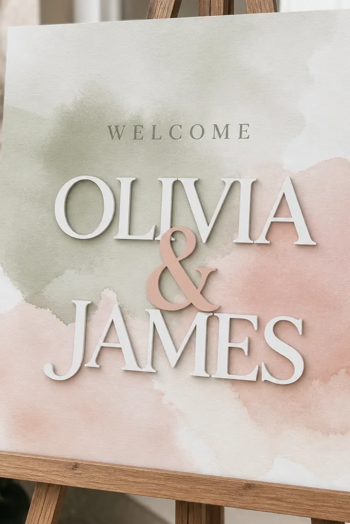 A sign with a soft watercolor wash background in sage and blush. The names are cutout letters layered in white and blush, with "Welcome" printed above.